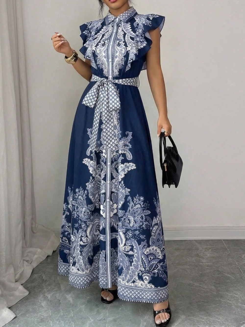 Boho Floral Print Button Down Ruffle Cap Sleeve Maxi Dress - Picture 1 of 4
